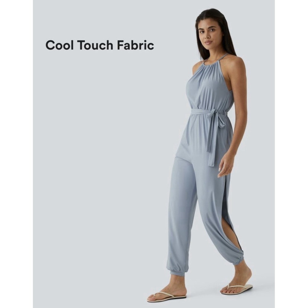 Halara Sz Large Sleeveless Tie Back Belted Pocket Cut Out Legs Jumpsuit Blue Fog